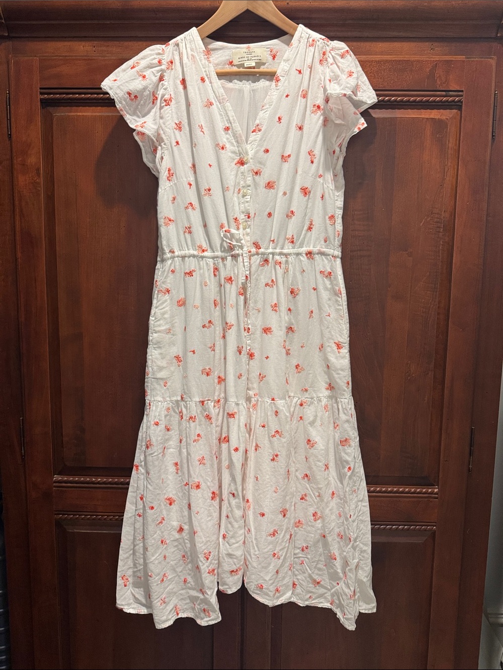 Trovata white dress with coral floral embroidery